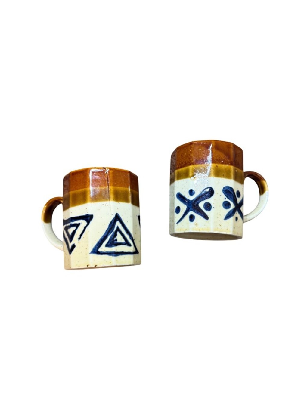 Vintage Japan Stoneware MCM Multisided Geometric Set of 2 Mugs